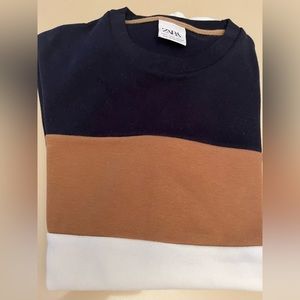 Zara. Long sleeve crew neck sweater. Color trio: Dark blue/brown/white. Size - S